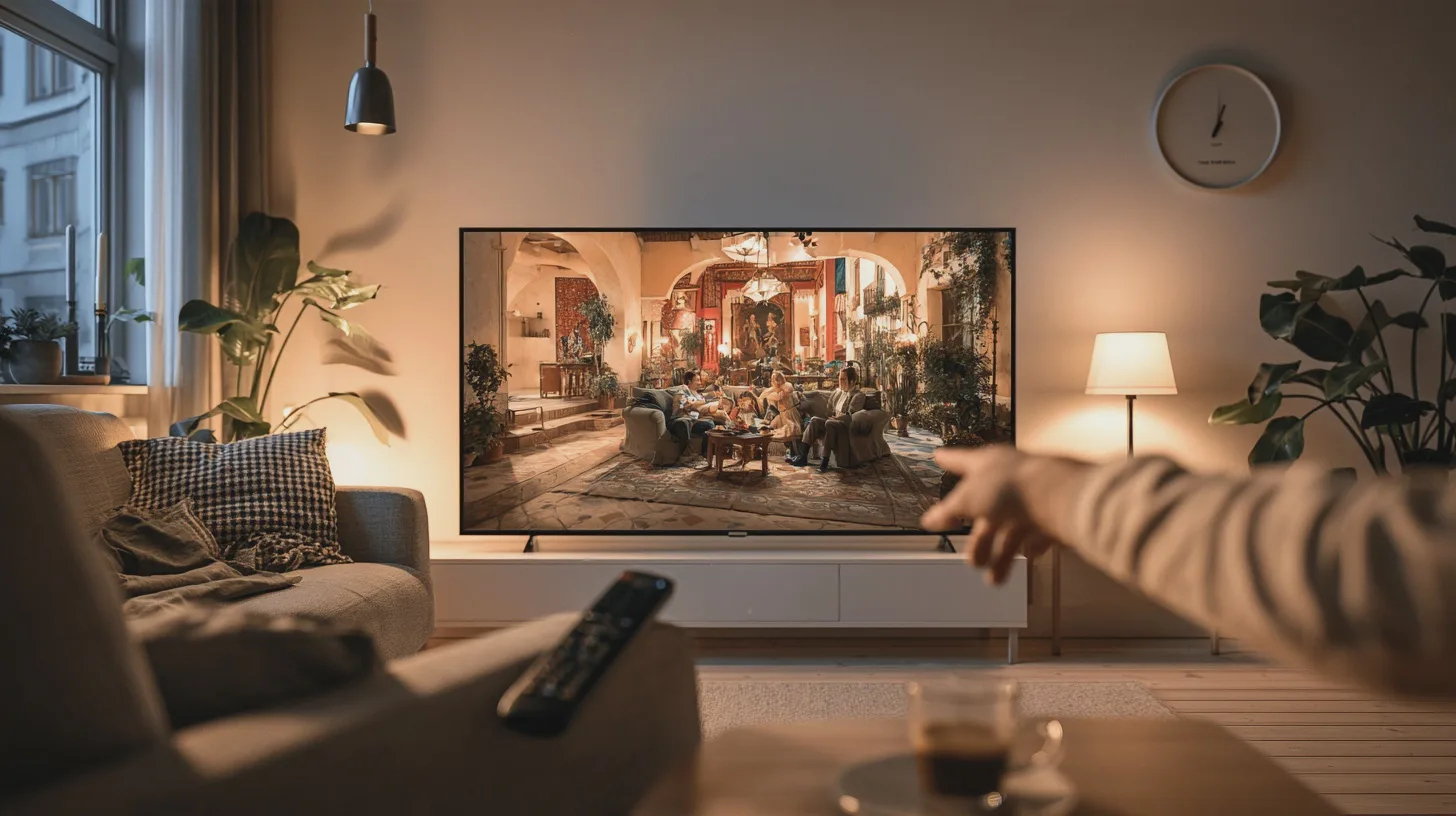 Underhållning: TV-program, avkoppling, familjetid, inomhusmiljö, komfortabel soffa, filmkväll, dekorerad interiör, känsla av gemenskap.