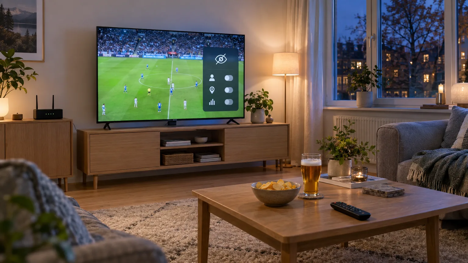 Underhållning: fotboll, TV-tittande, vardagsrum, snacks, öl, avkoppling, spel, sportevenemang, hemarena, kvällsaktiviteter.