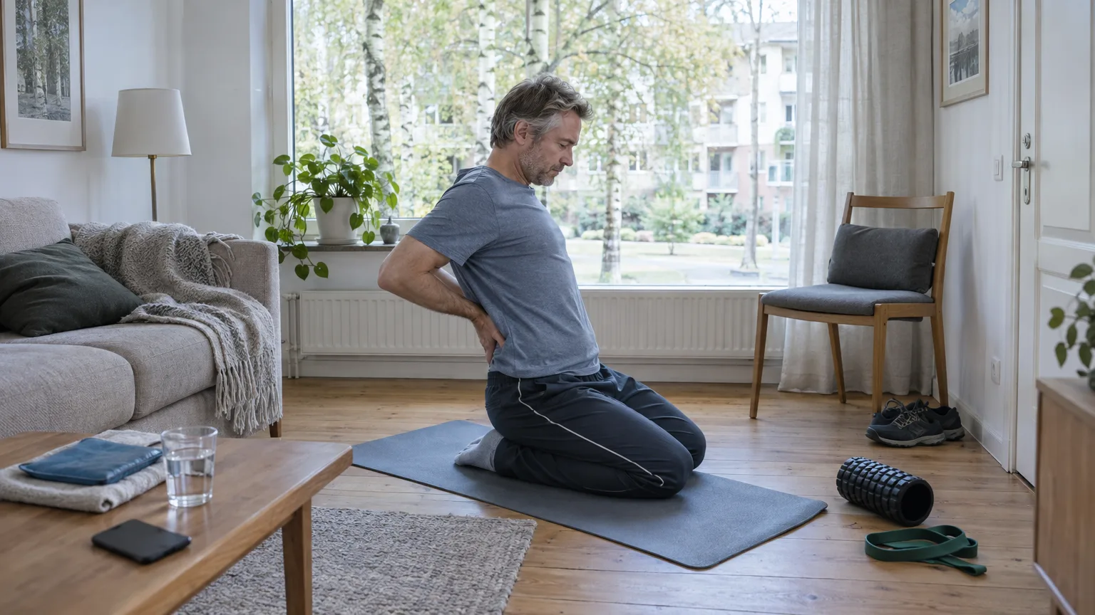 Hälsa: hemmaträning, fysisk aktivitet, yoga, stretching, rehabilitering, hälsa och välmående, avslappning, hem, matta, massagekula.