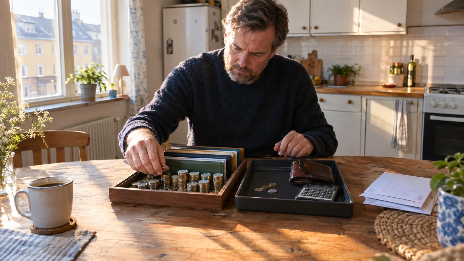 Ekonomi: sparande, pengar, mynt, plånbok, räkenskaper, kalkylator, hemmet, ekonomisk planering, man som räknar, fokus på budget.