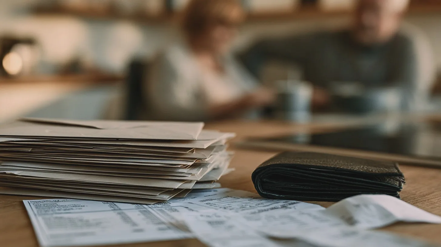 Ekonomi + räkningar, papper, plånbok, hushåll, budget, ekonomi, sparande, hushållsekonomi, finansiell planering.