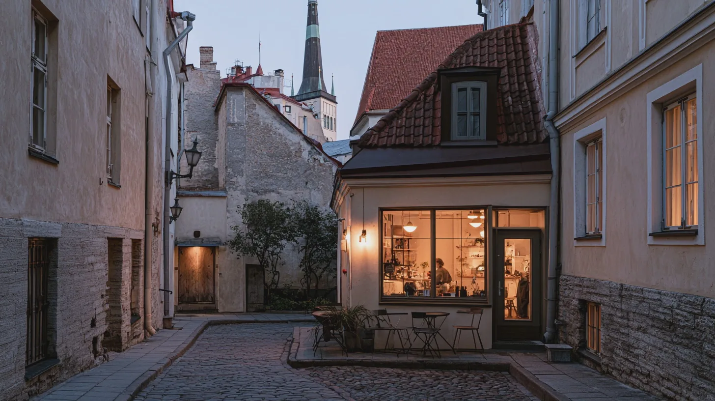 Resa + Tallinn, gammal stad, charmiga gränder, kvällsbelysning, kafé, historisk atmosfär, arkitektur, lokal kultur, avkoppling.