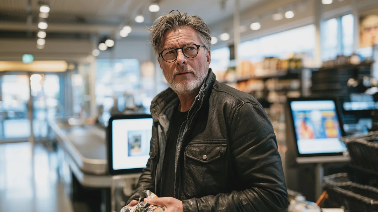 Samhälle: Man i affär, läderjacka, matvaror, modern inredning, kassalinje, butiksmiljö, vardagsliv.