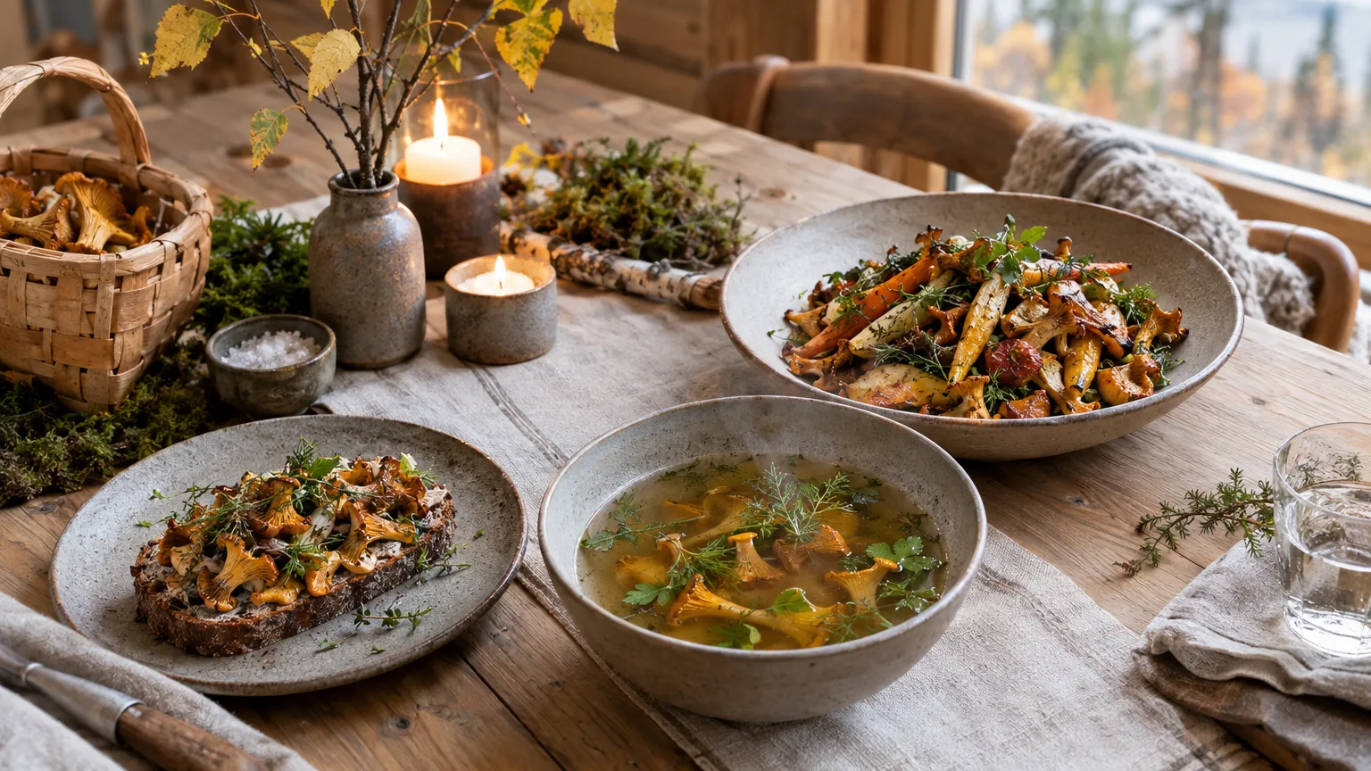 Mat: svamp, soppa, bröd, kantareller, skog, mysig inredning, naturliga ingredienser, hemlagad, skafferivaror, ljus, höst.