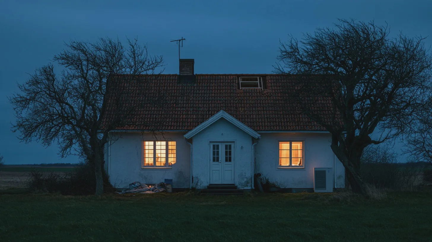Resa: lantligt hus, kvällsmys, stämningsfull belysning, natur, landsbygd, rogivande miljö, skymning, träd, avkoppling.