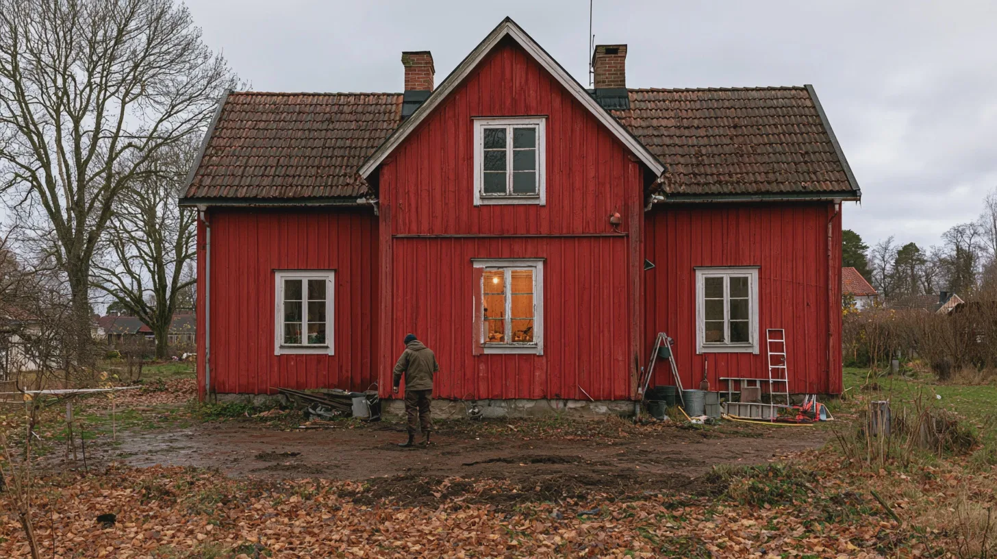 Samhälle: Röd stuga, renovering, trädgård, höstlöv, hantverkare, landsbygd, hem, arbete utomhus.