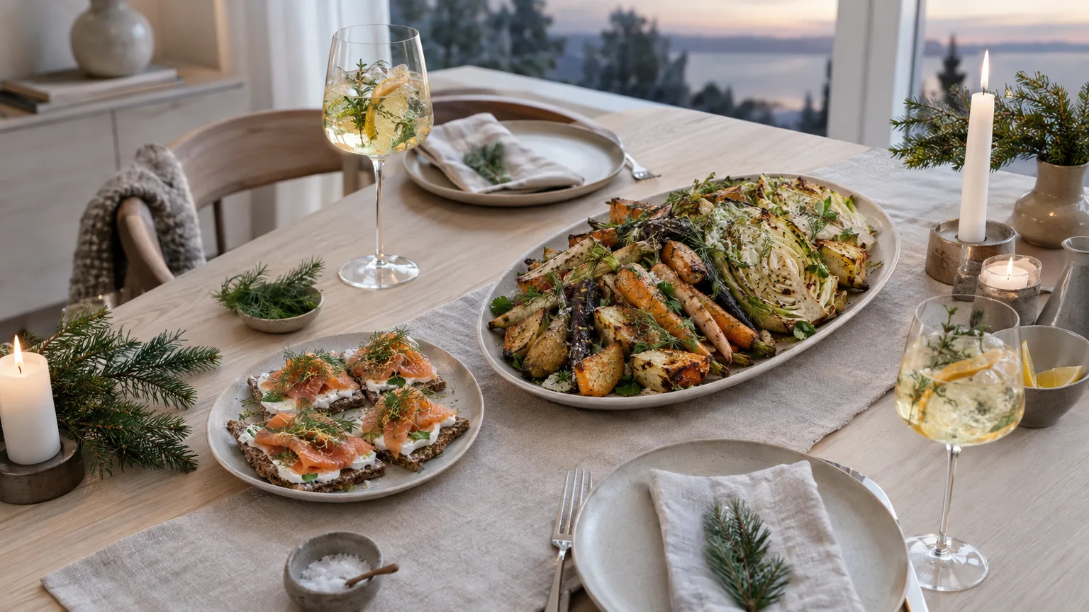 Mat: Festlig middag, grönsaker, laxsmörgåsar, vin, tända ljus, dukat bord, mysig inredning, växtlighet.