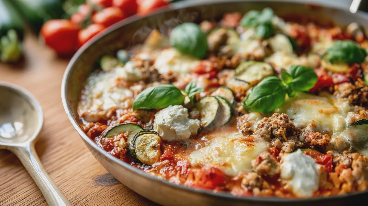 Mat: pastarätt, färs, grönsaker, mozzarella, tomatsås, basilikablad, varm, smakrik, hälsosam, hemgjord.