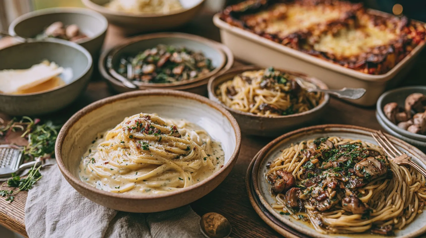 Flera krämiga pastarätter med svamp och örter på rustikt middagsbord, italiensk mat, spaghetti, svamppasta, gratäng, hemlagad middag