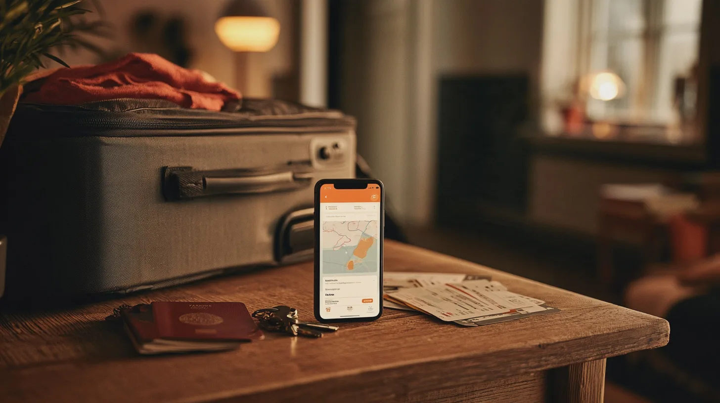 Reseförberedelser med packad resväska, mobiltelefon med kartapp, pass, nycklar och resebiljetter på träbord, varm hotellmiljö, weekendresa, semesterplanering, resehandlingar