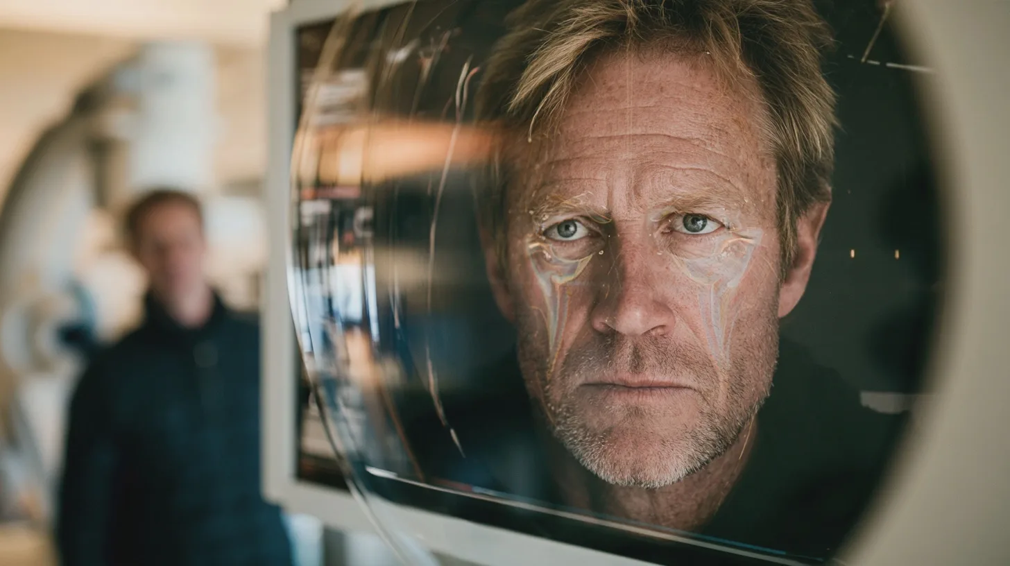 Närbild av en man genom ett visir med reflektioner och en suddig person i bakgrunden, rymdhjälm, ansiktsnärbild, visir, reflektioner, besättning