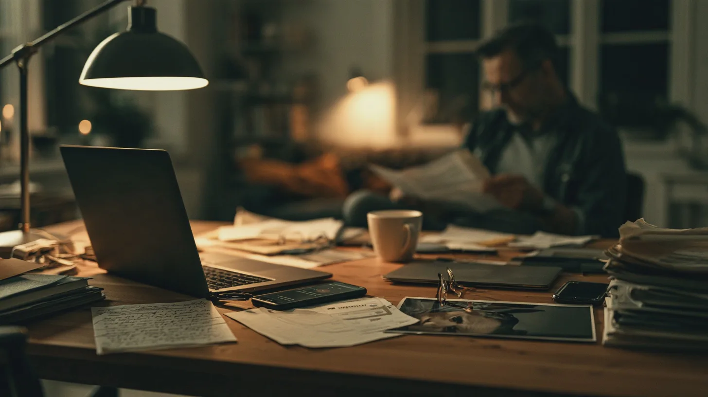 Man läser tidning vid skrivbord med laptop, kaffekopp och dokument i varmt hemmakontor, arbete, kvällsljus, pappersarbete, hemmakontor