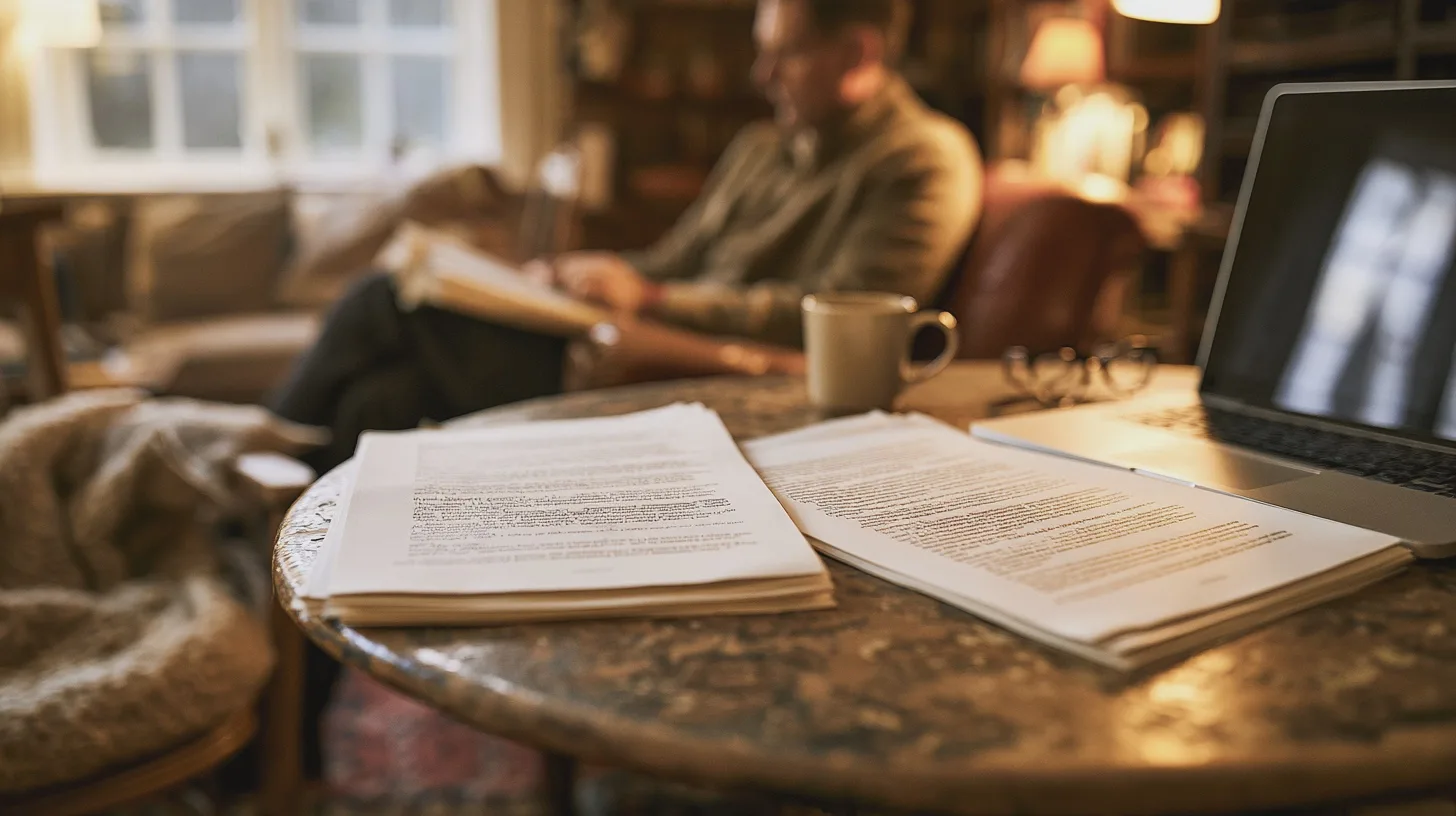 Dokument på bord med laptop och kaffemugg, person som läser i vardagsrum, hemmakontor, pappersarbete, studier, mysig inomhusmiljö