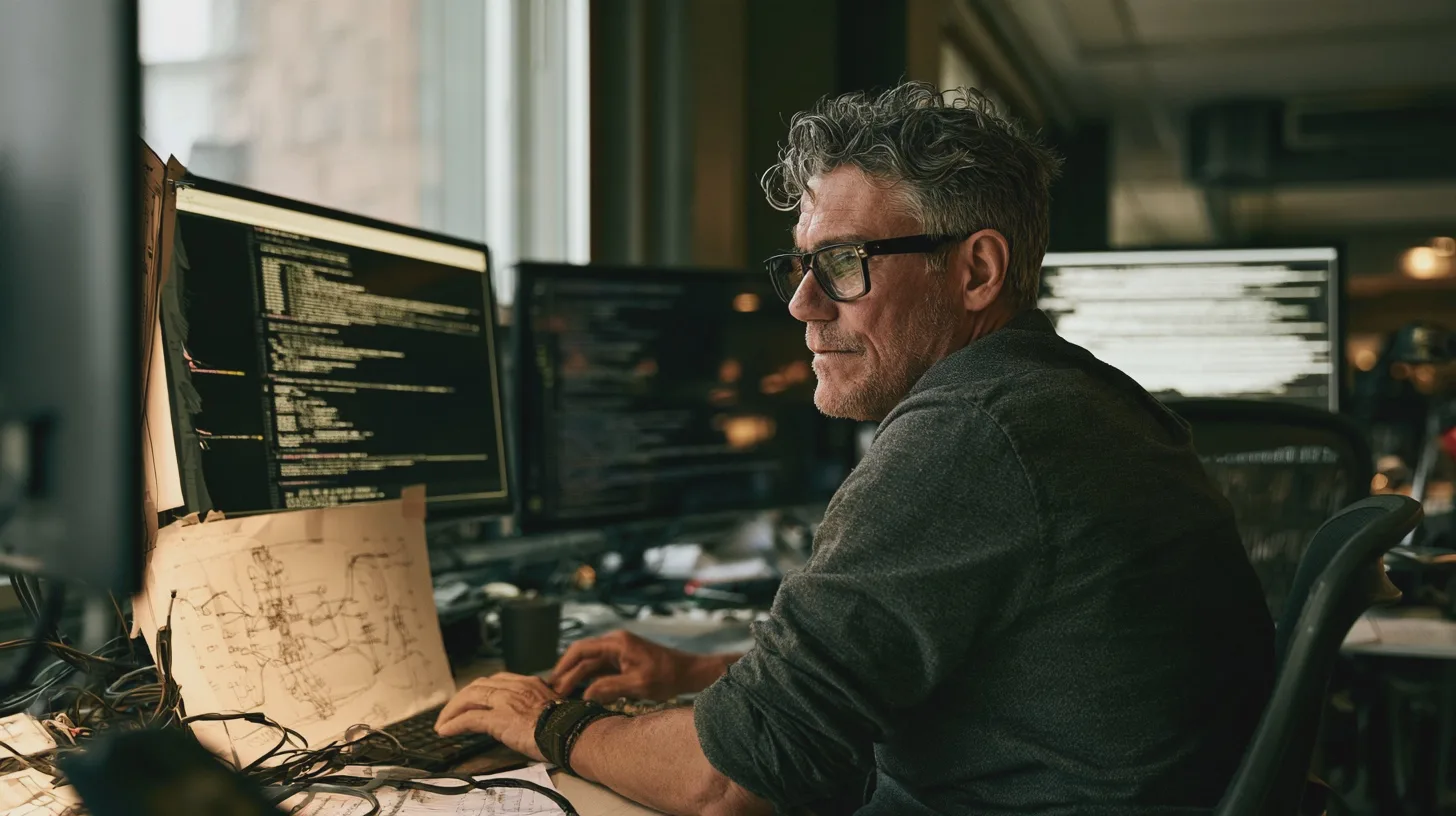 Man arbetar vid dator med flera skärmar och programmeringskod, programmering, mjukvaruutveckling, datorarbetsplats, kodskärmar, teknisk skiss