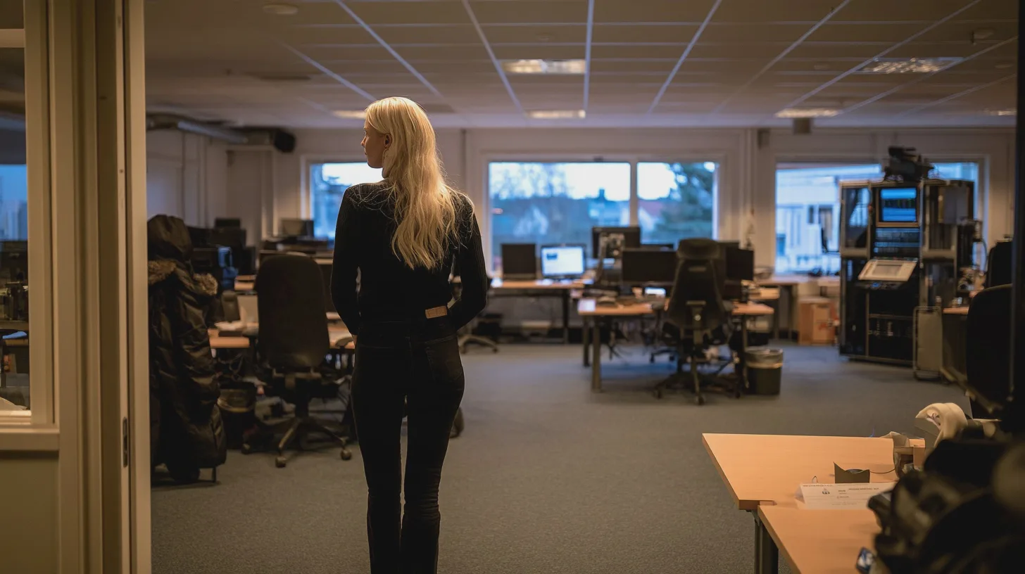 En blond kvinna står i ett kontor med arbetsplatser och teknisk utrustning, kontorsmiljö, skrivbord, datorer, kamera, arbetsplats