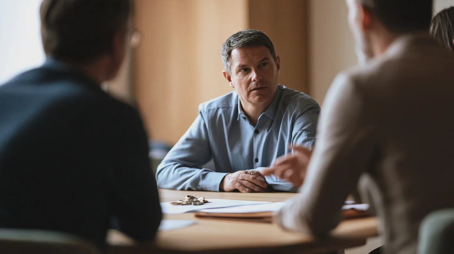 Tre personer deltar i ett samtal runt ett bord i ett varmt upplyst rum, möte, diskussion, kontorssamtal, dokument, glasögon