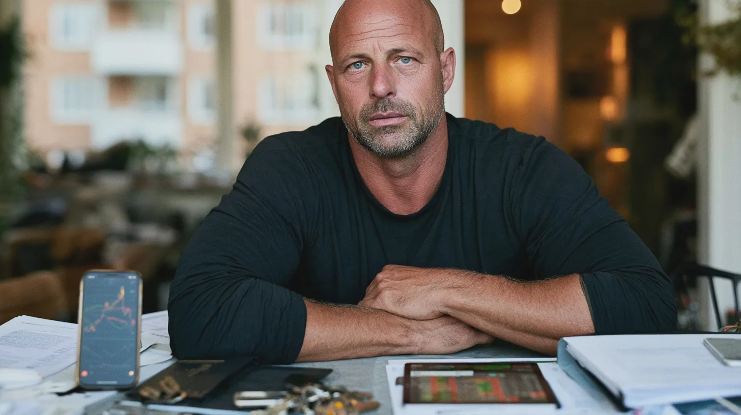 Skäggig man sitter vid ett skrivbord med armarna i kors, omgiven av smartphone med börsgraf, dokument och nycklar, hemmakontor