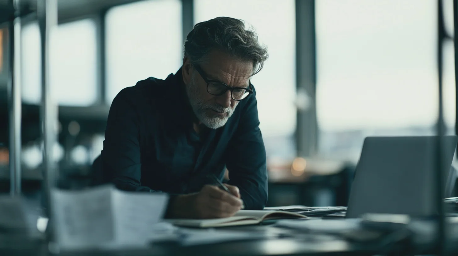 Skäggig man med glasögon skriver i anteckningsbok vid skrivbord, laptop och kontorsmiljö, arbete, koncentration, affärsman, hemmakontor