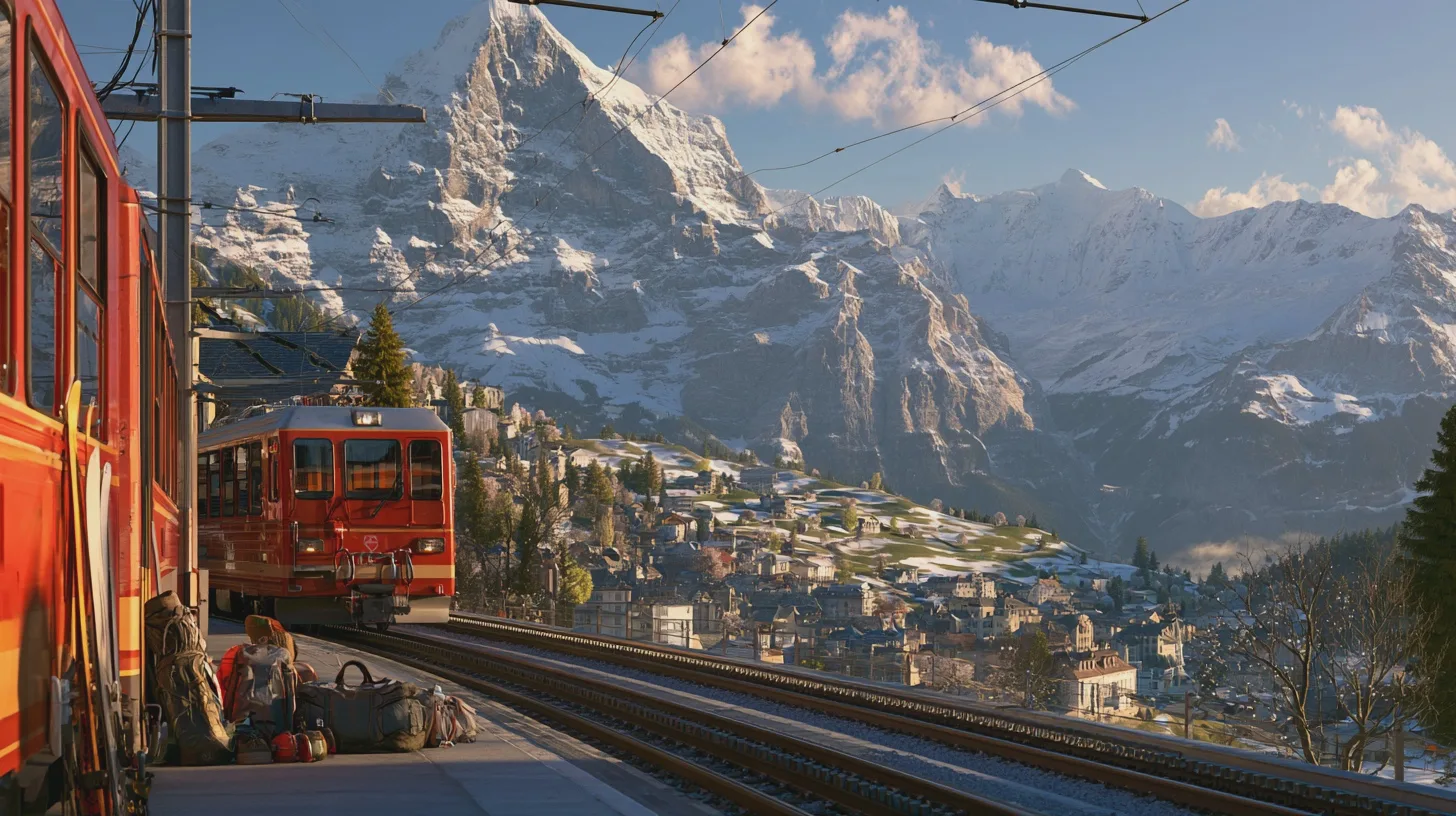 Röda tåg möts vid en alpin station med snötäckt bergsby och dramatiska berg i bakgrunden, bergbana, alplandskap, vinter, tågräls, snöklädda berg