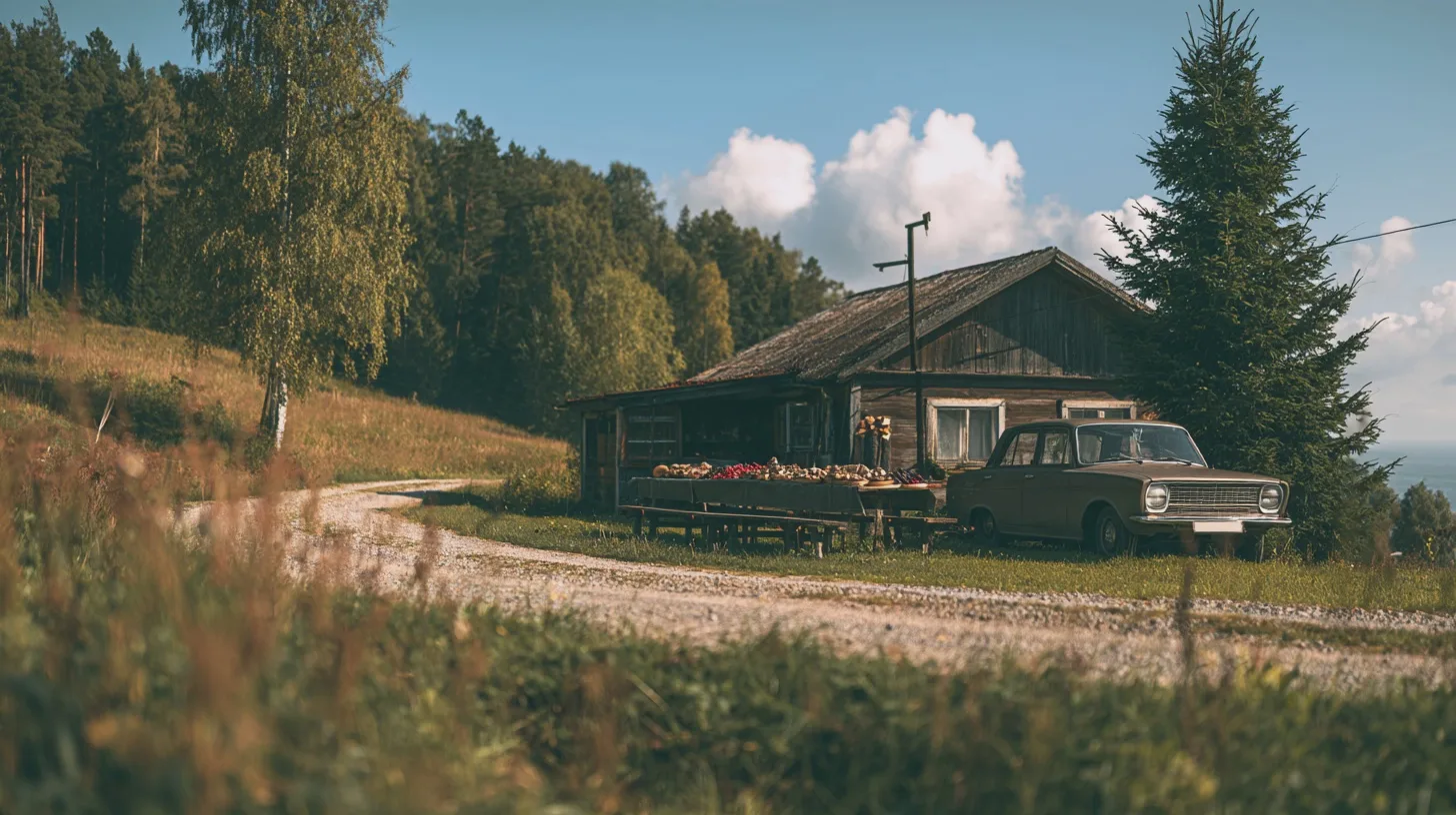 Gammal trästuga med vägkantstånd och veteranbil i skogsmiljö, försäljning av frukt och grönsaker, grusväg, björkar, barrskog, lantlig idyll