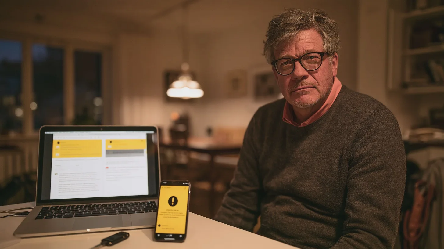 Man med glasögon sitter vid köksbord med bärbar dator och smartphone som visar varningssymbol, hemmakontor, digitalt meddelande, teknikproblem, inomhusmiljö