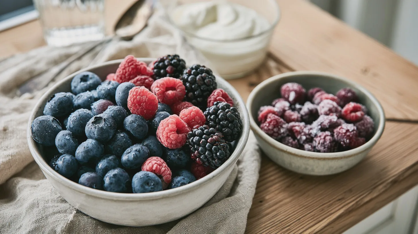 Skålar med färska blåbär, hallon och björnbär samt frysta bär står på ett träbord bredvid yoghurt, blåbär, hallon, björnbär, frysta bär, yoghurt
