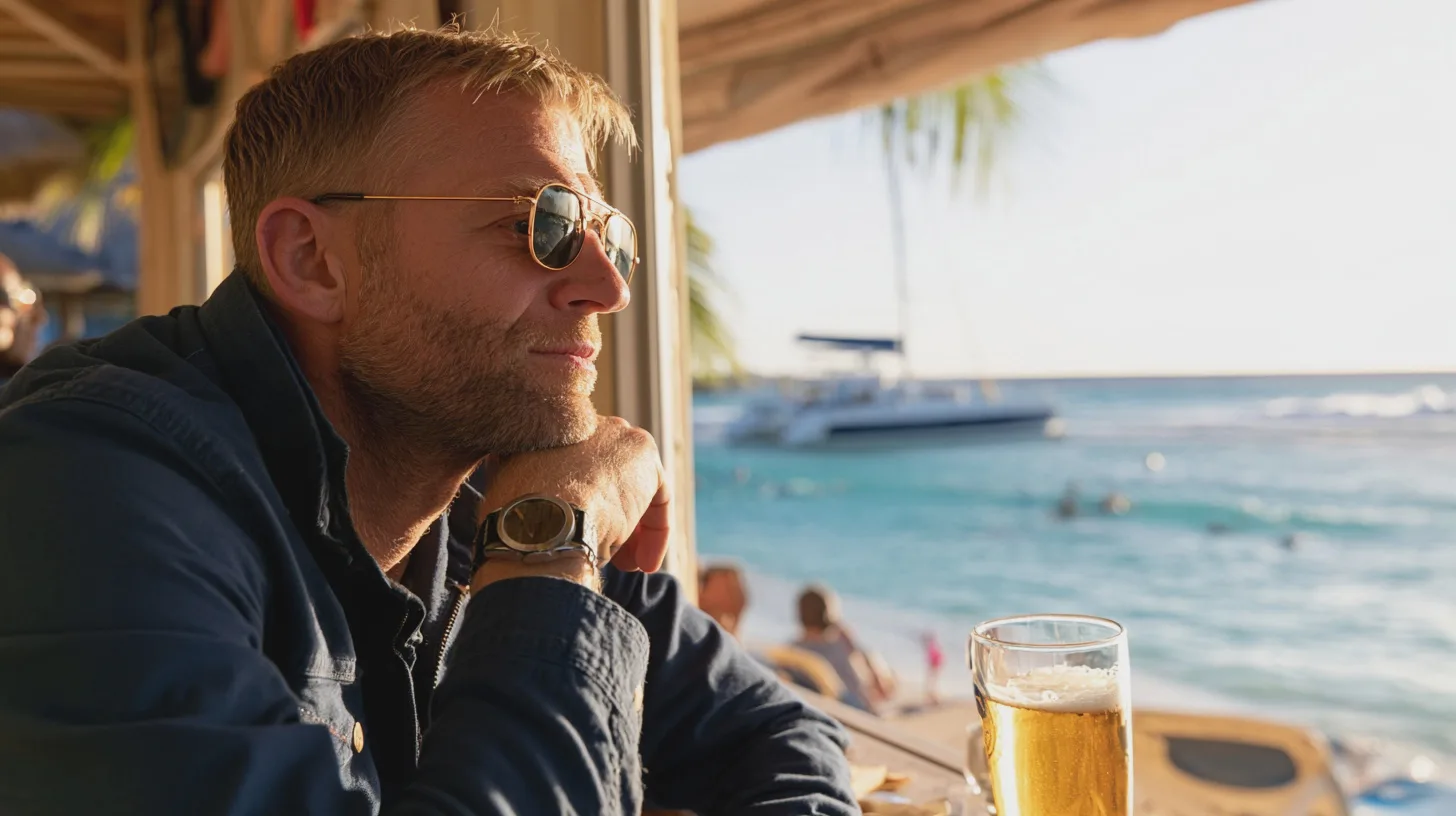 Man med solglasögon dricker öl vid strandrestaurang med havsutsikt, tropisk strand, segelbåt, kustsemester, avkoppling vid havet
