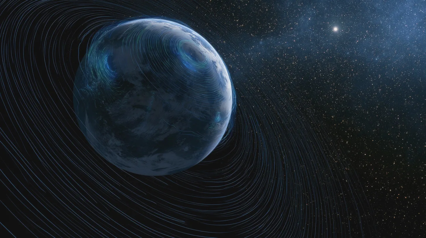 Jorden svävar i rymden omgiven av blå linjer som illustrerar magnetfältet, stjärnhimmel, planeten jorden, rymden, jordens magnetfält, astrofysik