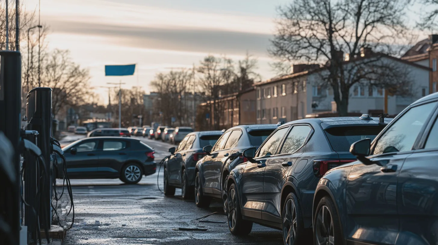 Elbilar laddas vid gatustolpar på en urban gata i kvällsljus, elbilsladdning, parkerade bilar, laddstation, stadsmiljö, vintergata