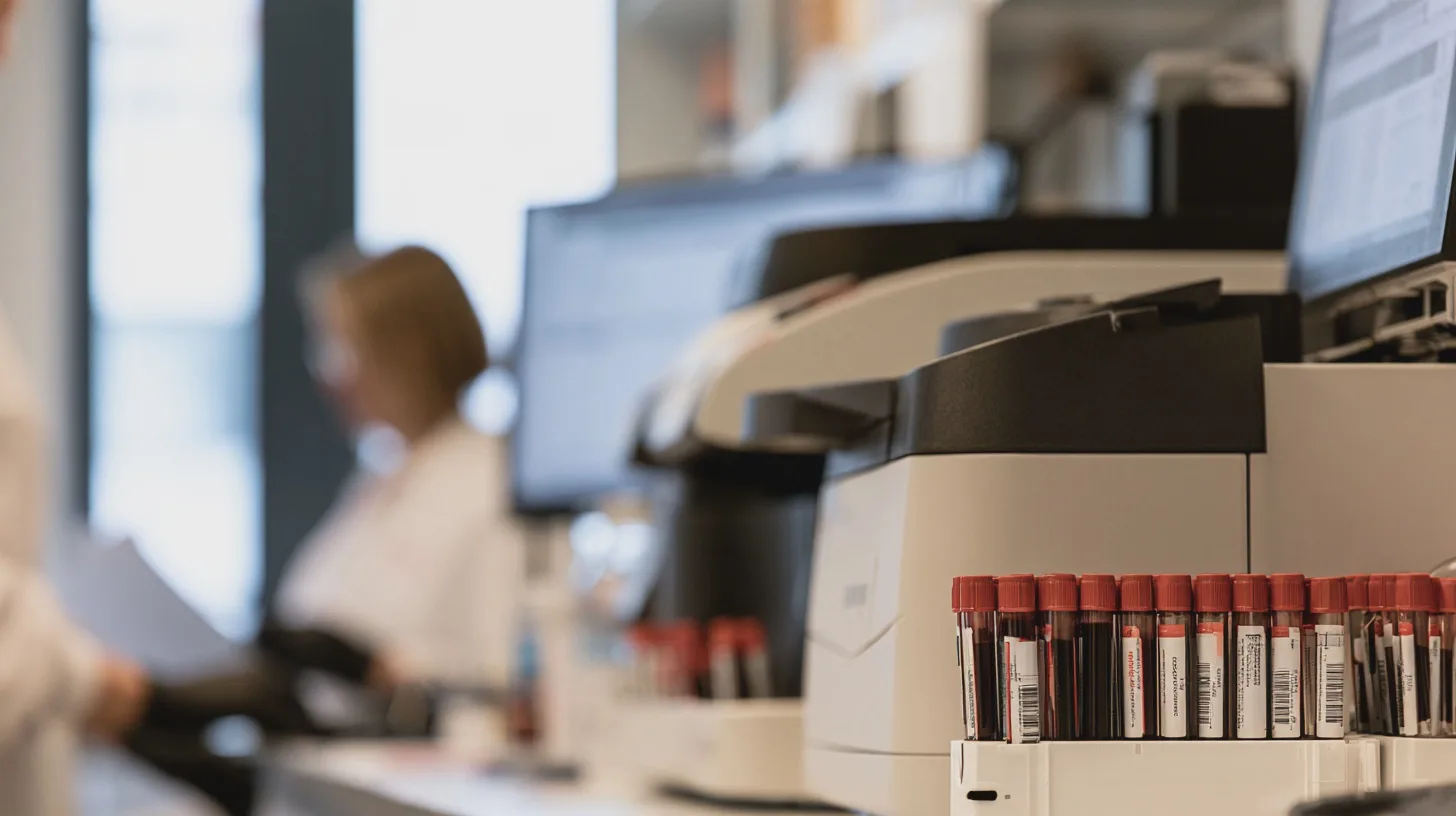 Blodprovsrör med röda korkar i medicinskt laboratorium, laboratoriepersonal, blodanalys, diagnostikutrustning, provhantering, kliniskt laboratorium