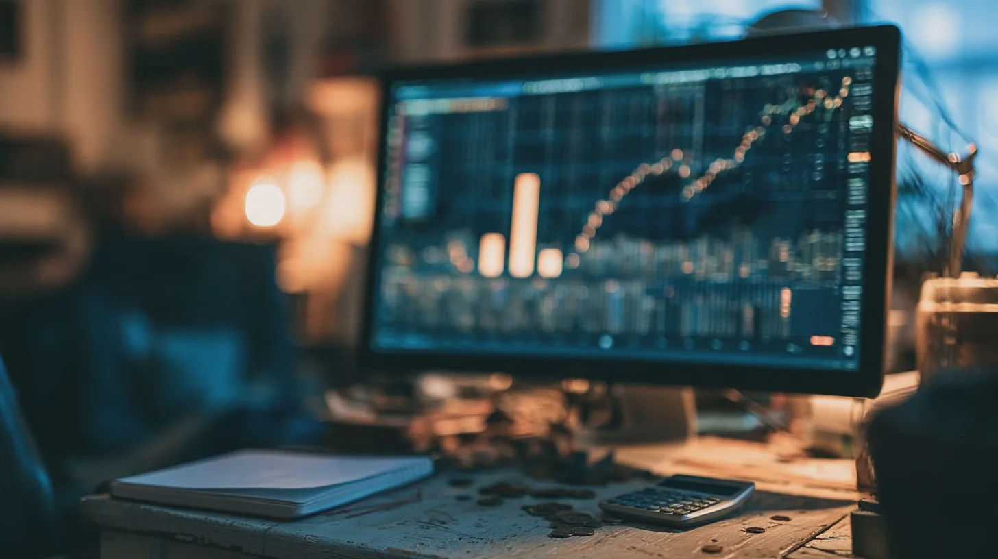 Datorskärm visar stigande börskurva på arbetsbord med kalkylator och mynt, aktiehandel, finansmarknad, investeringar, ekonomisk tillväxt