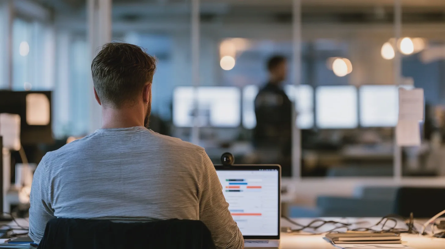 Person arbetar vid laptop i ett modernt kontorslandskap, öppet kontor, datorarbete, programmering, skrivbord, arbetsplats, skärmar