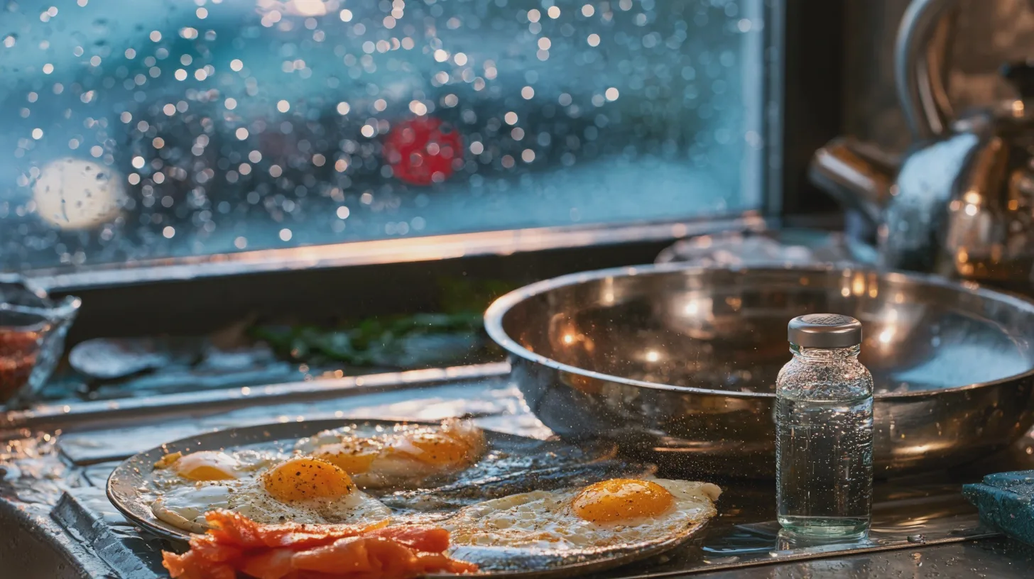 Stekta ägg och bacon på en tallrik i ett stökigt kök vid regnigt fönster, frukost, stekpanna, kryddburk, matlagning