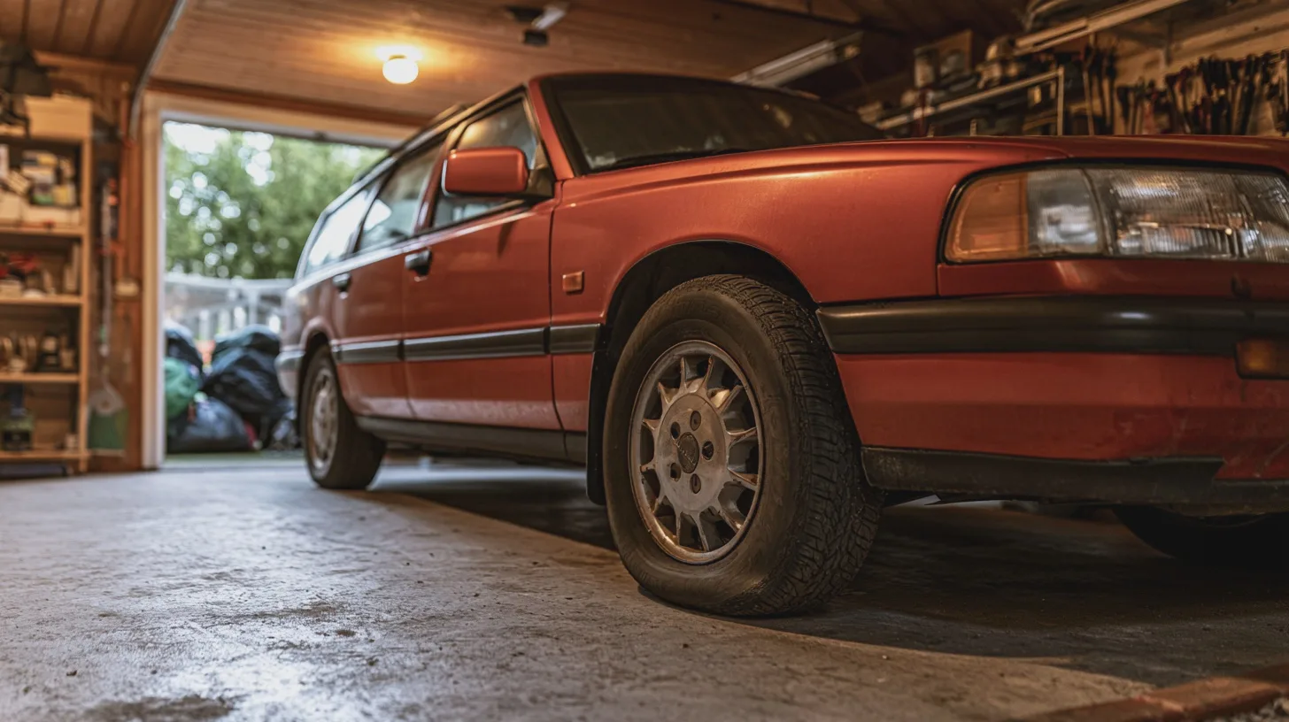 Röd äldre kombibil parkerad i ett garage med öppen port och verktyg längs väggarna, kombi, hemmagarage, verktyg, bilförvaring