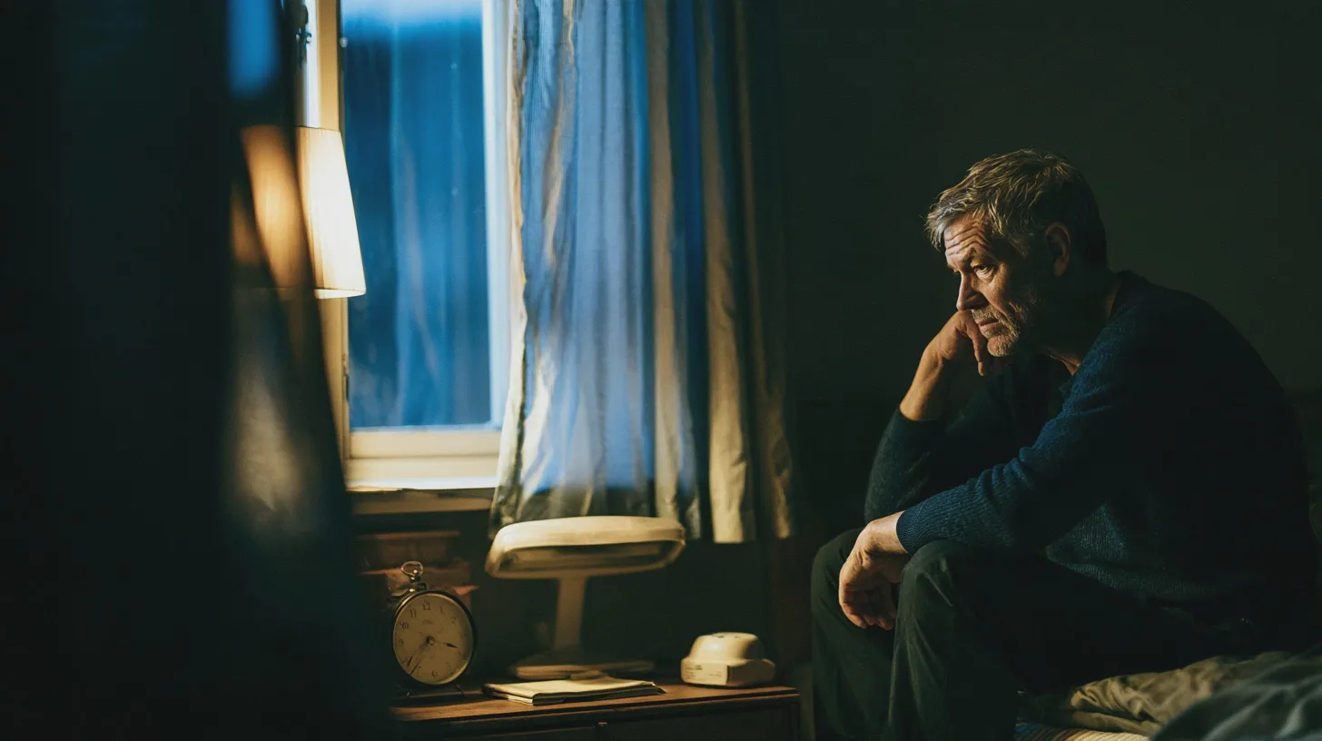 Äldre man sitter ensam på sängkanten i ett mörkt rum, kvällsljus från fönster, ensamhet, sovrum, väckarklocka, eftertanke
