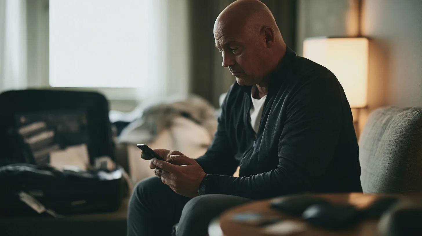 Äldre man sitter i vardagsrum och använder en smartphone, hemmiljö, soffbord, fåtölj, inomhusbelysning