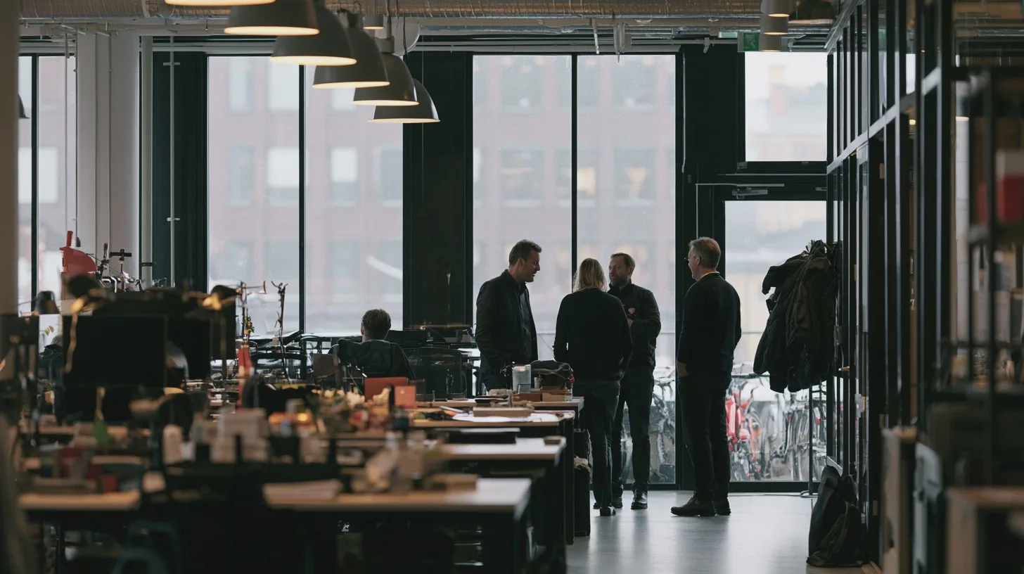 Flera personer samtalar i en modern kontorsmiljö med stora fönster, skrivbord och cyklar utanför, kontor, arbetsplats, teammöte, industridesign, stadsmiljö