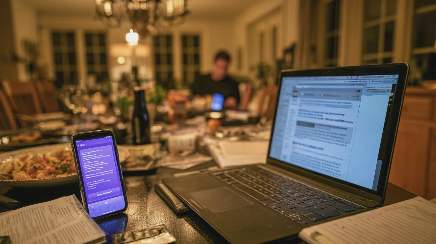 Laptop och smartphone på ett dukat middagsbord med person i bakgrunden, hemmamiddag, digital kommunikation, restaurangliknande dukning, kvällsbelysning