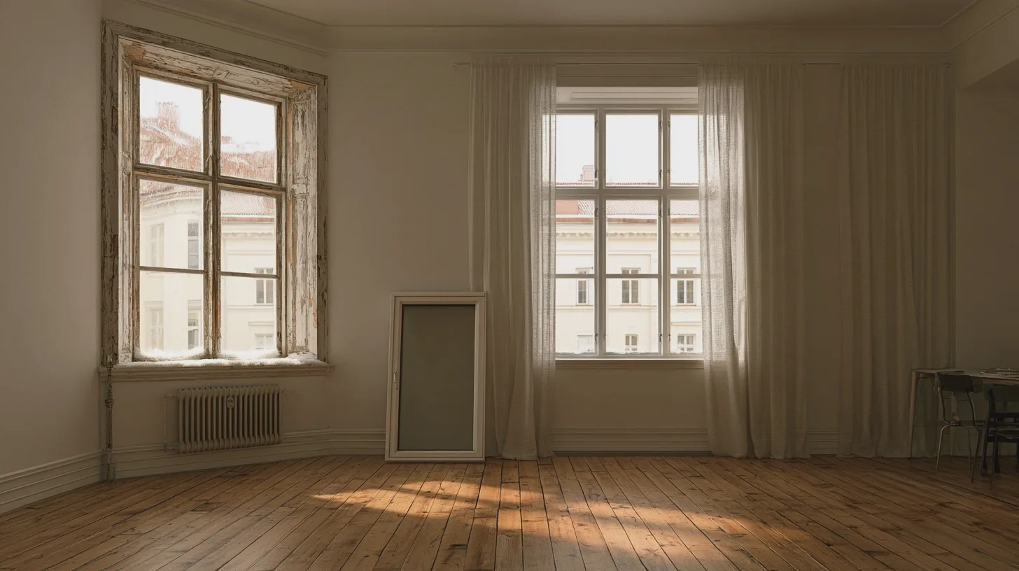 Tomt rum med höga fönster, tunna gardiner och slitna trägolv, renoveringsobjekt, gammaldags radiator, spegel, innerstadslägenhet, arkitekturinteriör