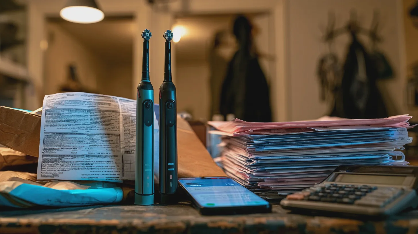 Två elektriska tandborstar står på ett skrivbord bland pappershögar, smartphone och miniräknare, hemmakontor, administration, tandhygien.
