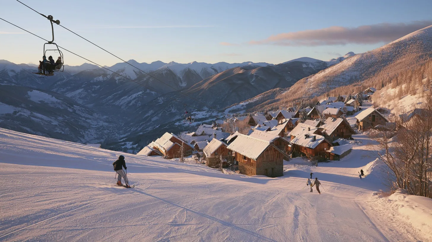 Skidåkare åker nedför en pist ovanför en snötäckt alpinby, stolslift och bergslandskap i vintersol, skidort, skidpist, alpby, snöklädda berg