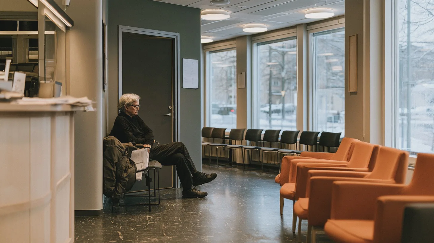 En person sitter i ett väntrum med stolsrader, orange fåtöljer och stora fönster mot ett vinterlandskap, väntrum, sittplatser, väntan, inomhusmiljö, vinter