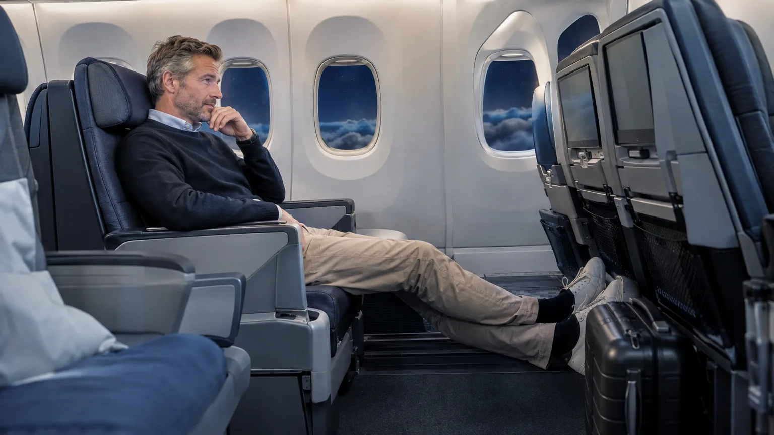 Extra benutrymme slår business – tills du ska sovaextra benutrymme, business class, flygplats, uppgradering, nattflyg