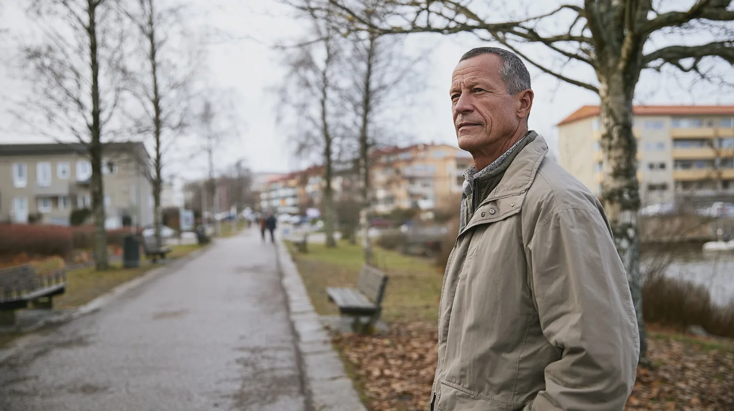 Man i beige jacka promenerar längs en parkväg vid bostadshus och vatten, stadspark, höstpromenad, parkbänkar, bostadsområde, utomhusmiljö