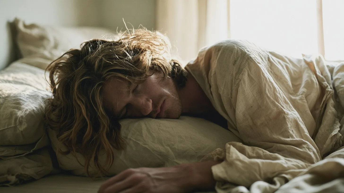 En långhårig man sover på mage i en obäddad säng med vitt sänglinne och morgonljus, sömn, sovrum, vila, sängkläder