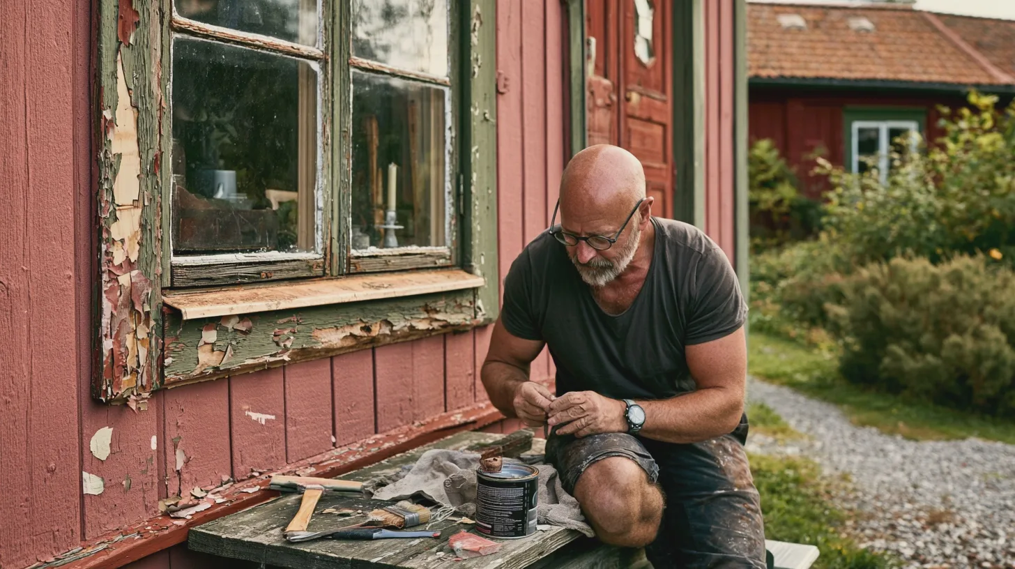 En man renoverar en äldre röd träfasad vid ett slitet fönster, omgiven av penslar, skrapverktyg och färgburk; husrenovering, träfasad, underhåll