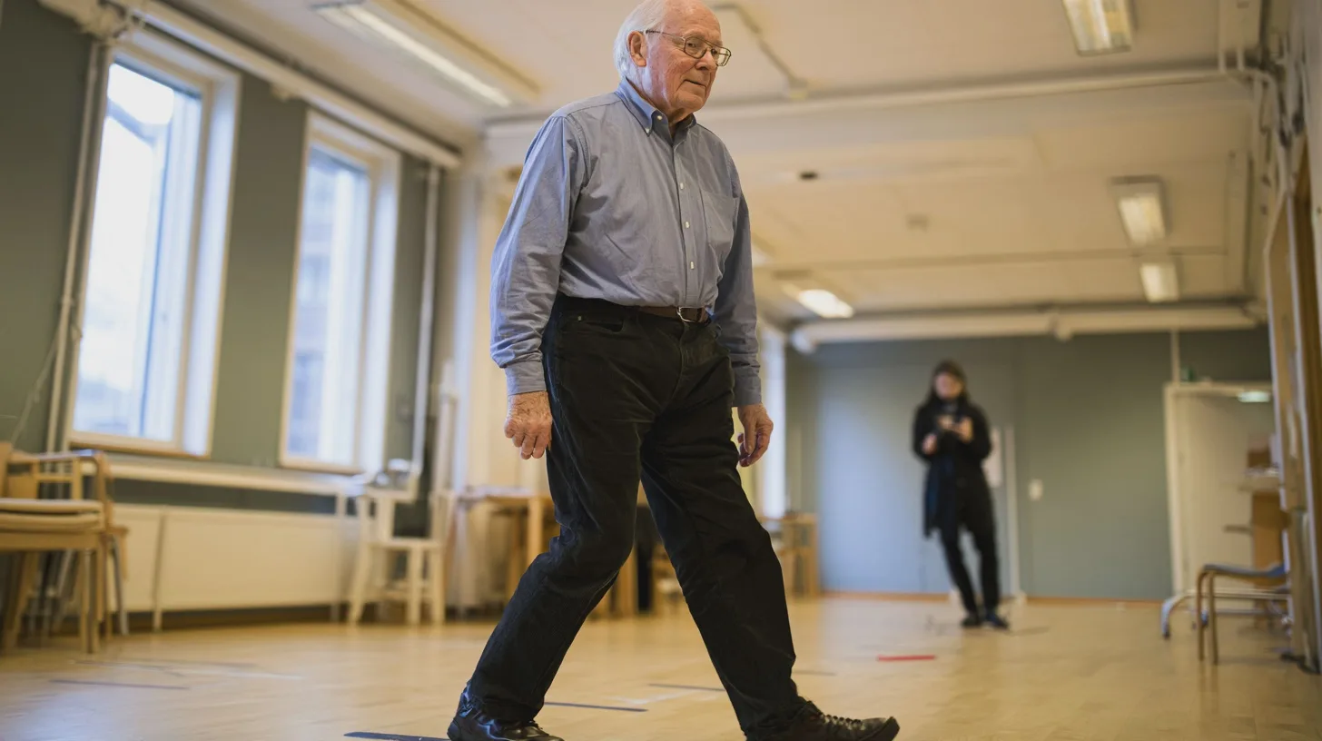Äldre man promenerar i ljus inomhuslokal, kvinna i bakgrunden, gångträning, äldre person, motionssal, inomhusaktivitet, balansövning