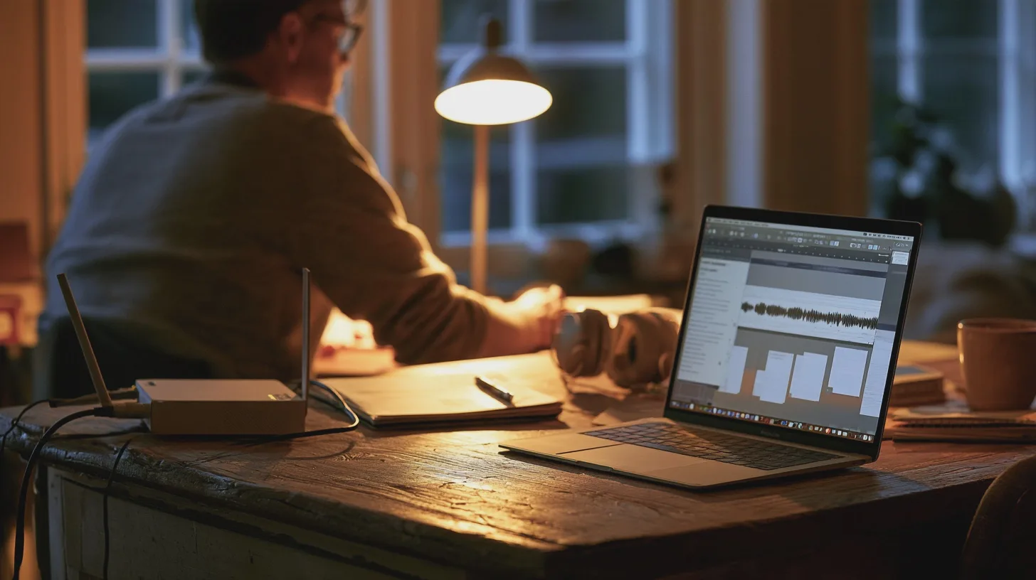 Person arbetar vid träbord med laptop som visar ljudvågform, hörlurar, anteckningsbok och varm skrivbordslampa, ljudredigering, hemmakontor, ljudproduktion, datorarbete, kvällsbelysning