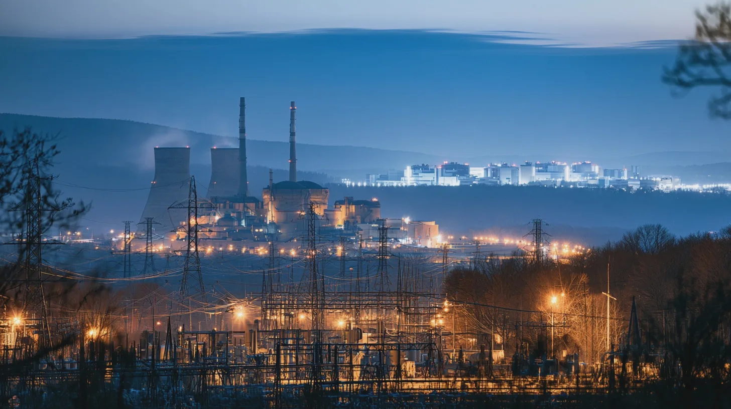 Belyst kraftverk med kyltorn, skorstenar och elledningar i vinterlandskap, nattlig industrimiljö, högspänningsmaster, kraftstation, energiproduktion, stadsbelysning