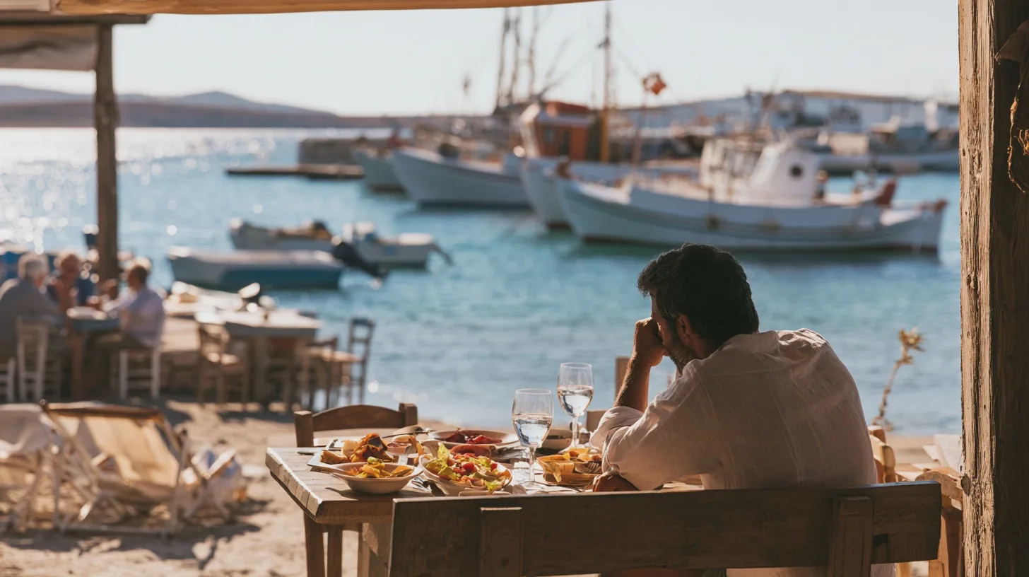 Man äter vid ett strandcafé med utsikt över fiskebåtar och havet, strandrestaurang, lunch vid havet, båthamn, kustmiljö